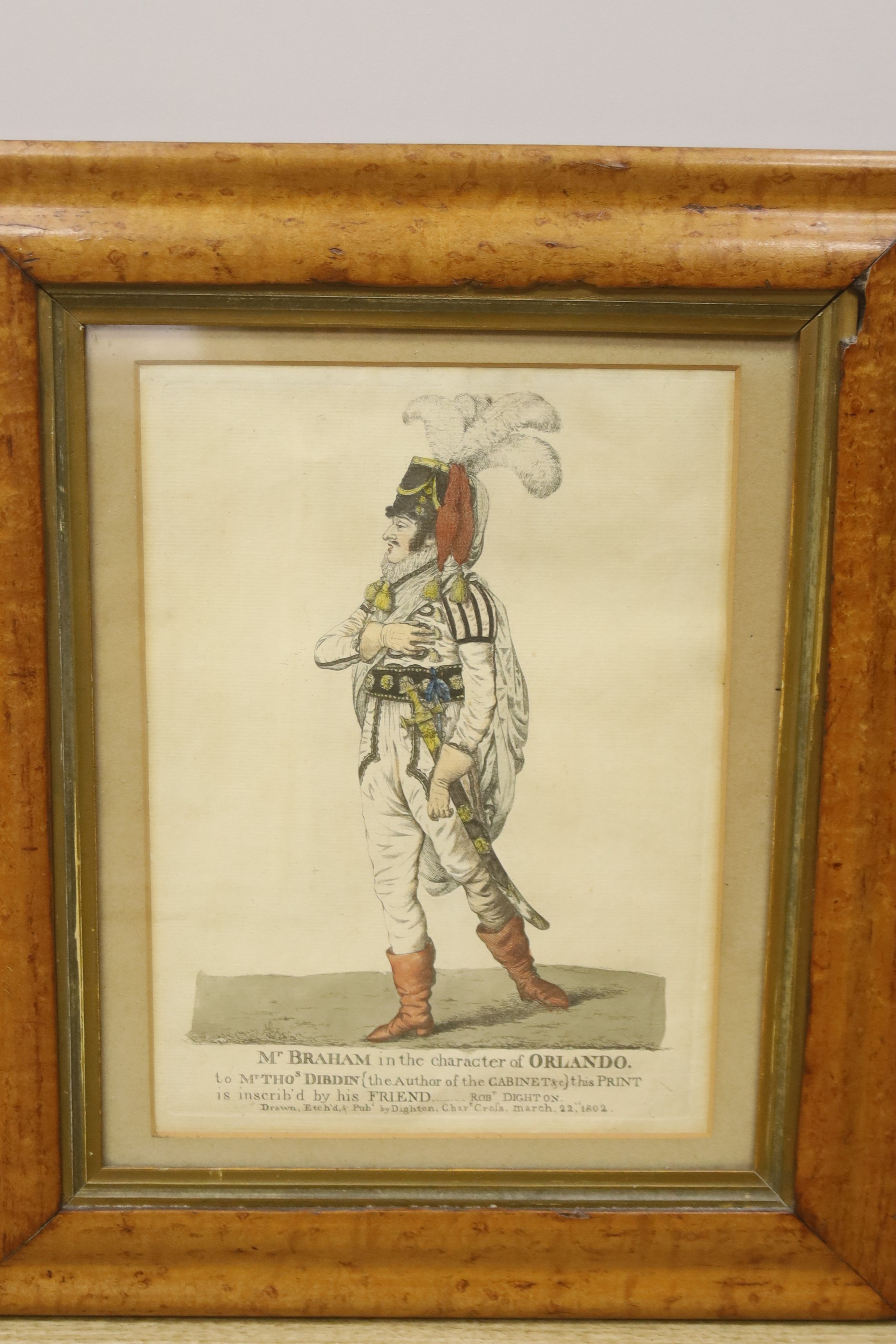 A pair of Georgian theatrical prints, Hamlet and Orlando, hand coloured detail, bird's eye maple frames